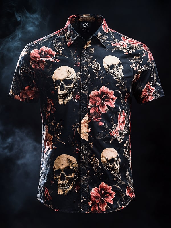 Camisa vintage Skull and floral de manga corta para hombre