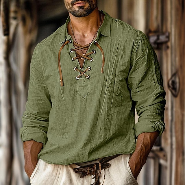 Camisa de lino camisa Viking Style Pirate camisa Summer camisa Beach Wear White Orange Green Light Blue de manga larga de color sólido Collarless Street para uso diario Clothing Apparel para hombre