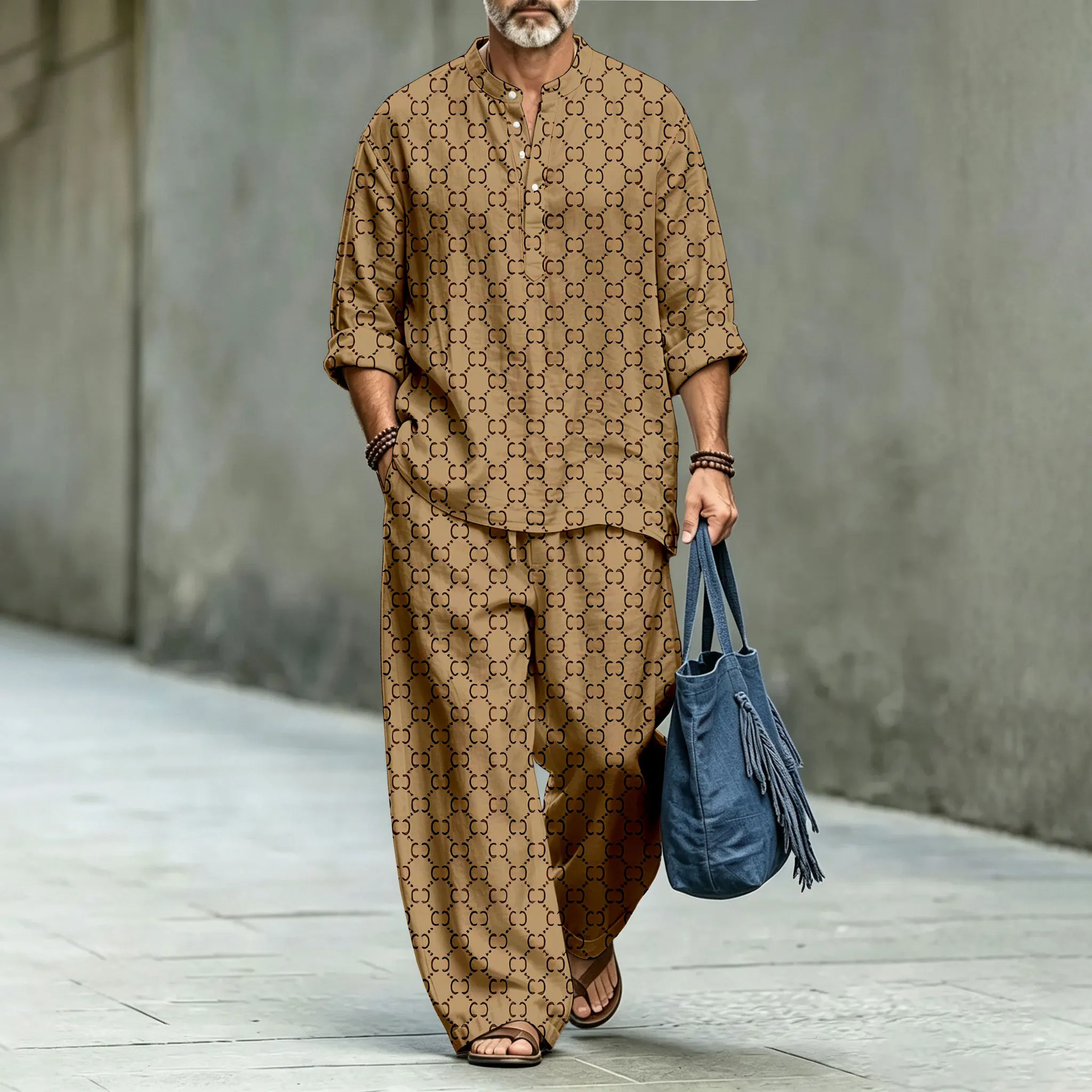 para hombre Brown Stand-Collar camisa polo and Long pantalón Two-Piece Suit Set