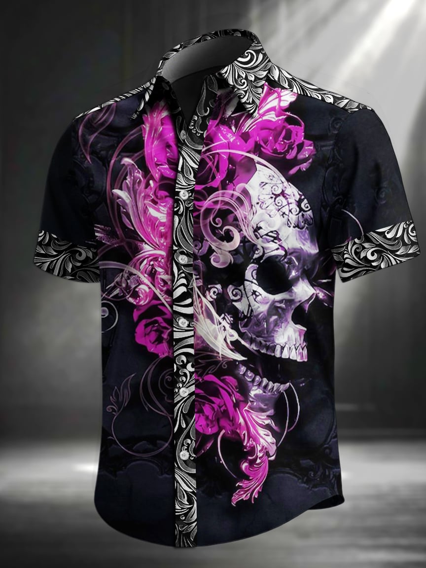 Camisa vintage Skull floral estampado solapa de manga corta para hombre