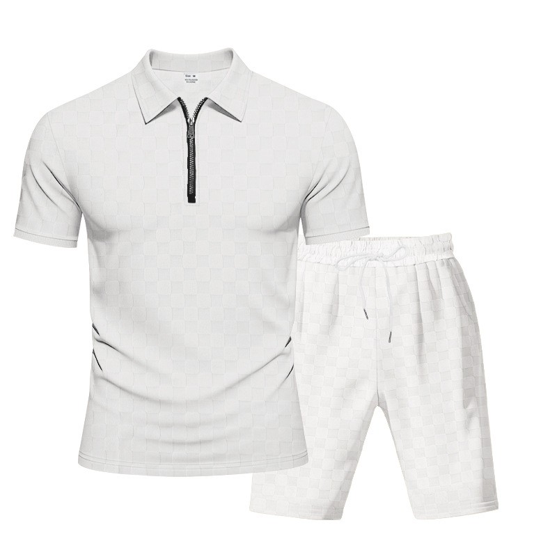 Conjunto de dos piezas Checkerboard Jacquard camisa polo and shorts Set, casual Half Zip de manga corta Collared Summer Outfit, Lightweight transpirable holgado Fit , Comfortable elegante Streetwear for para uso diario Wear Travel Vacation Resort Lounge para hombre