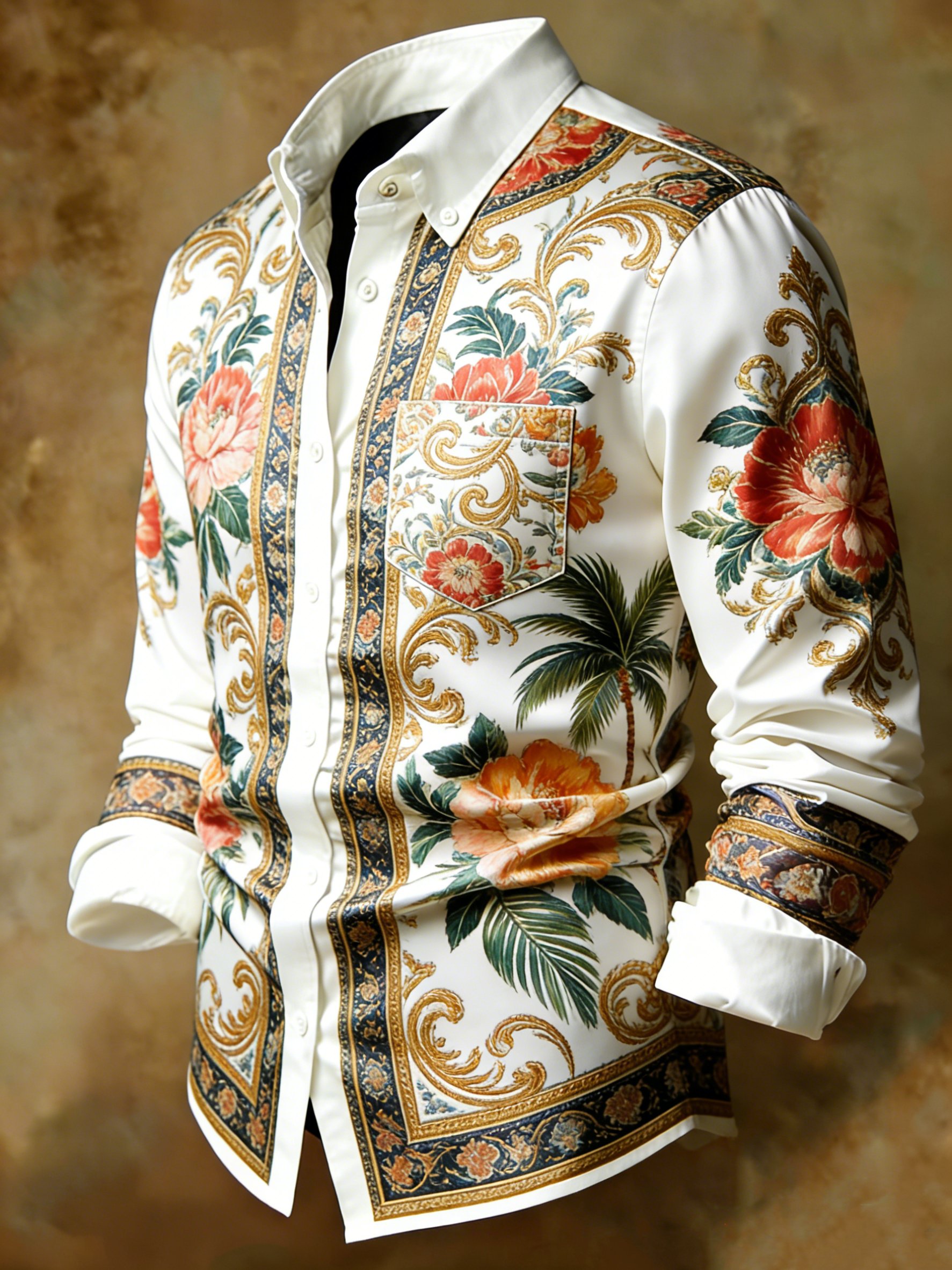 Camisa Baroque Palm Peony Gold Accent estampado ejecutivo