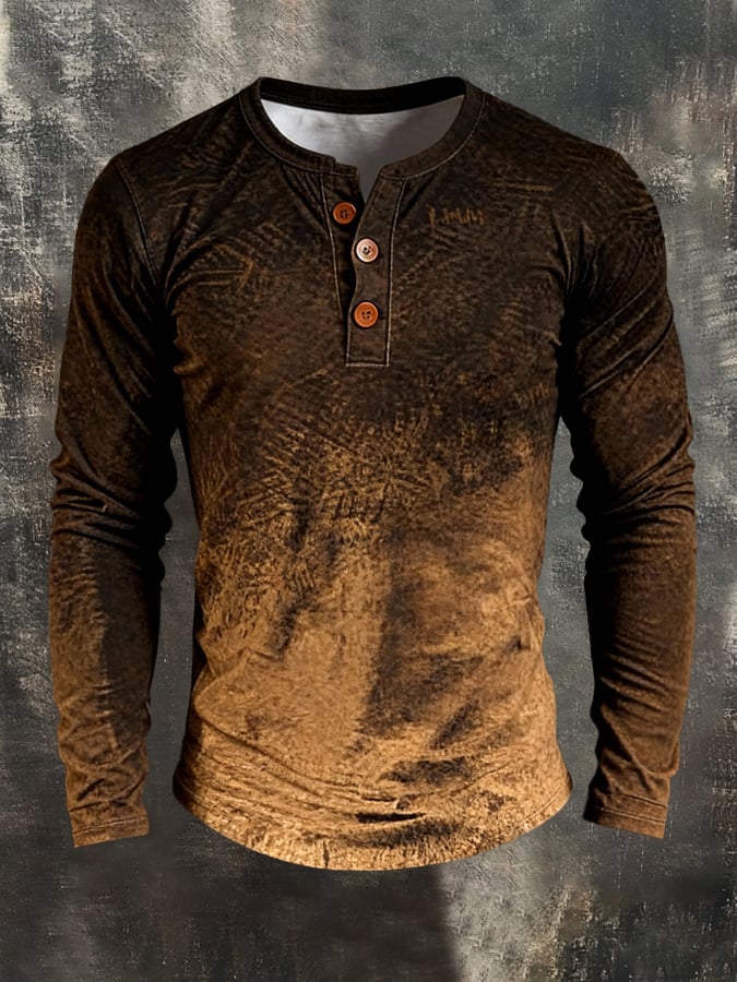 Camiseta retro Stitching Contrast Color Henley cuello de manga larga para hombre