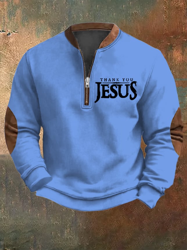 Sudadera vintage Faith "Thank You Jesus" estampado Zip cuello para hombre
