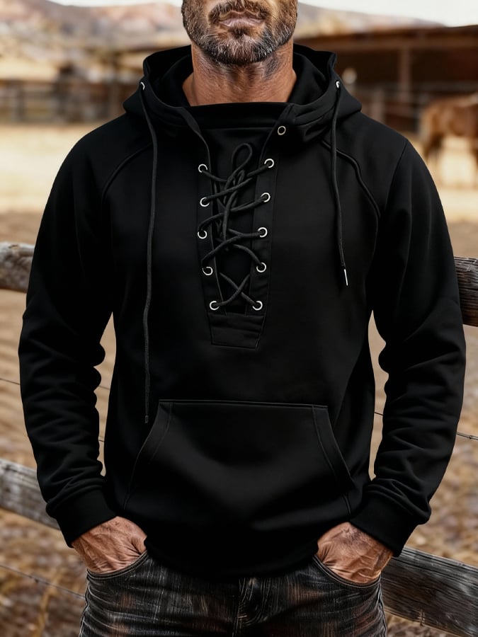 Sudadera vintage para exterior Style Lace-Up Design Warm Hooded para hombre