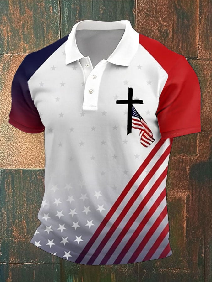 Camisa polo retro Flag Faith estampado casual para hombre