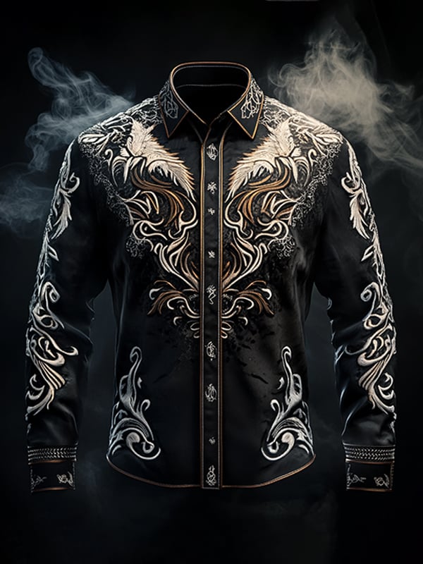 Camisa vintage Viking estampado de manga larga para hombre