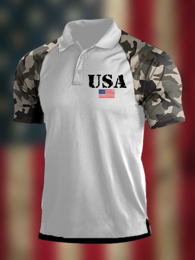 Camisa polo vintage American Flag Independence Day Colorblock para hombre