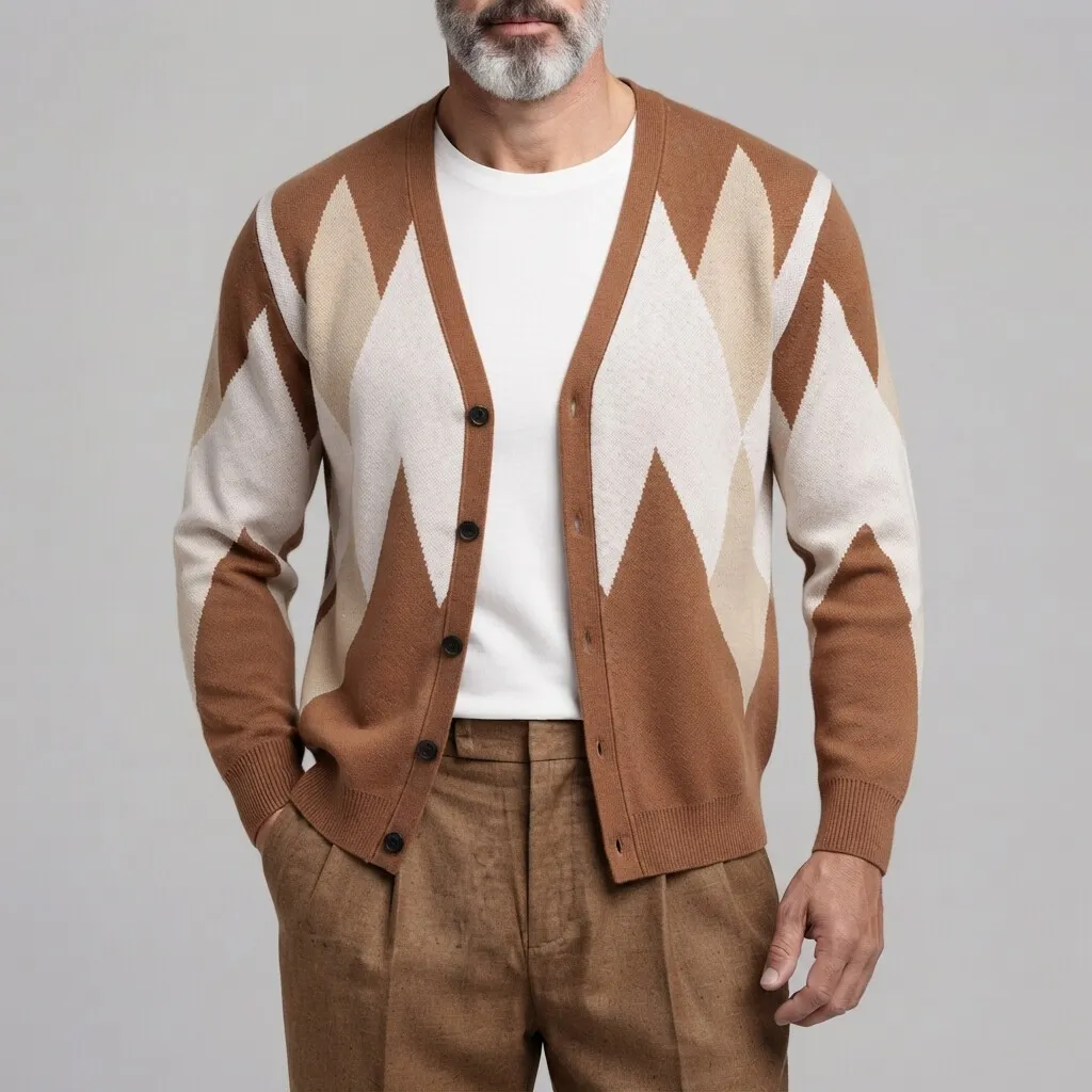 para hombre vintage Brown Argyle Pattern V Neck Button Up de manga larga tejido Cardigan