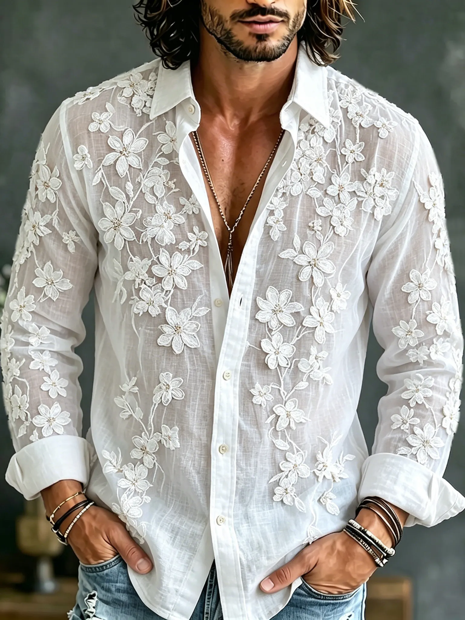 para hombre vintage floral Embroidered Art de lino Blend de manga larga camisa