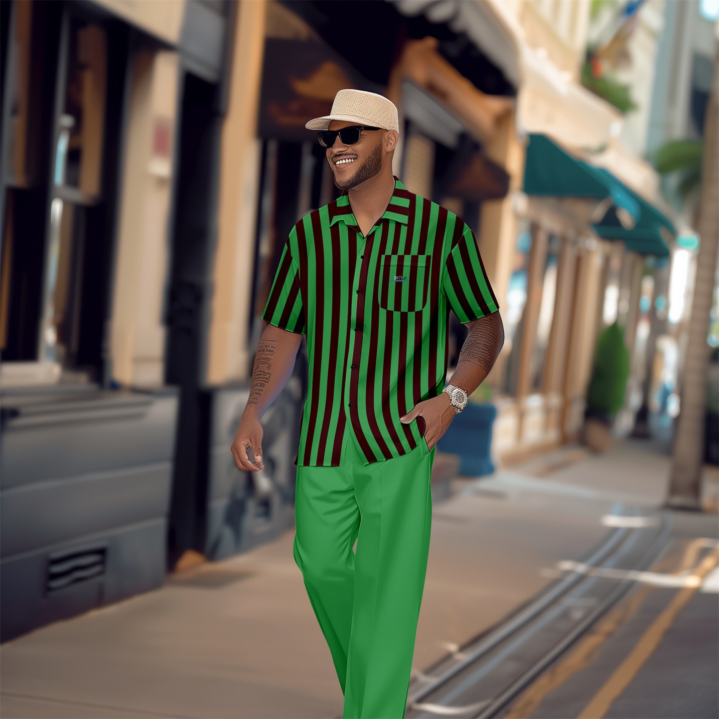 Camisa retro green a rayas de manga corta walking suit 1640 para hombre