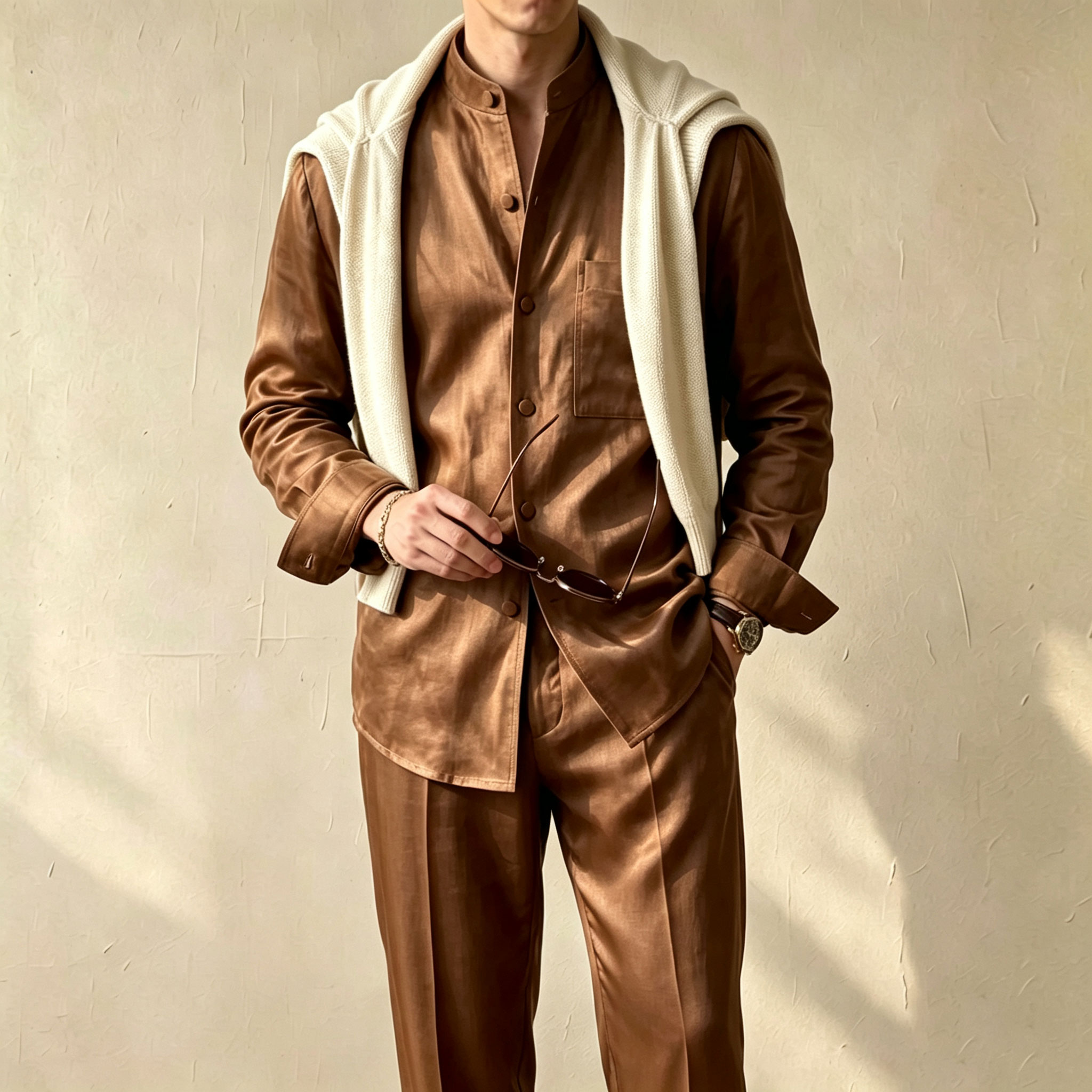 Conjunto de dos piezas casual Solid-Color estampado Stand-Collar de manga larga camisa and pantalón para hombre