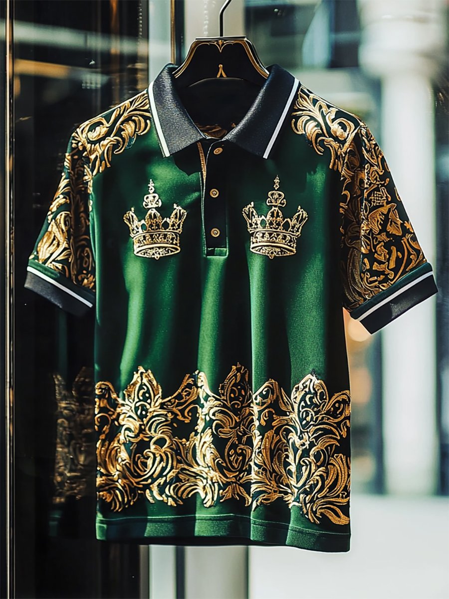 Camisa polo casual ejecutivo Crown estampado Button de manga corta para hombre