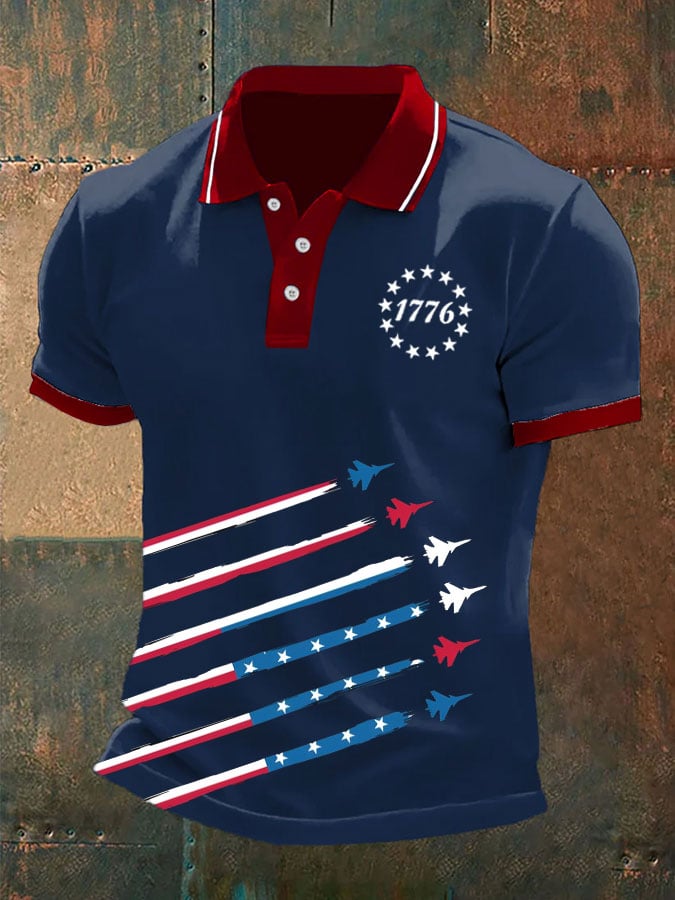 Camisa polo Independence Day retro Flag Fighter diseño para hombre