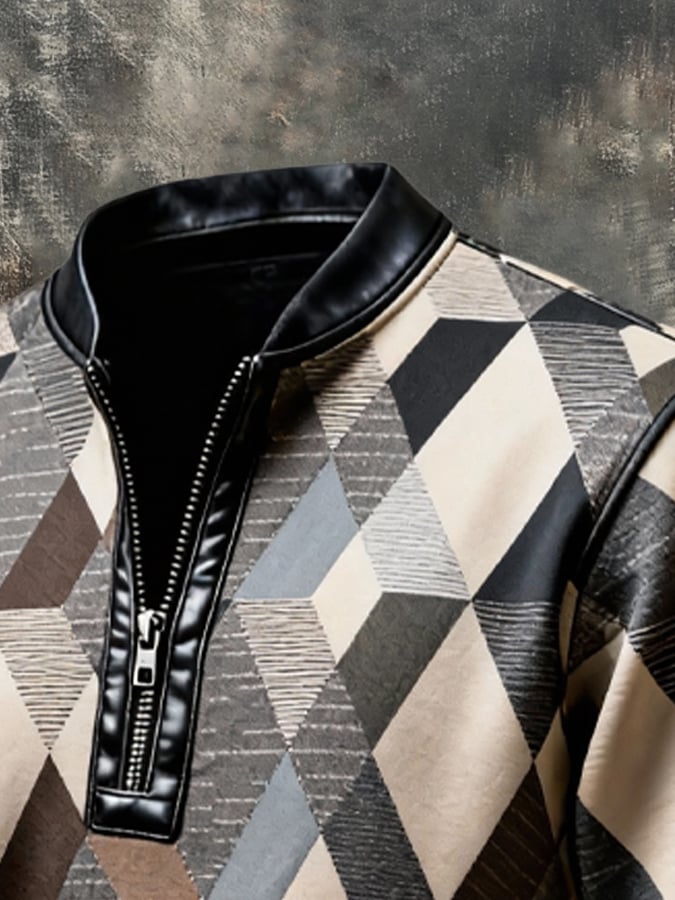 Sudadera vintage Color-Block estampado con cierre con gorrasucha para hombre