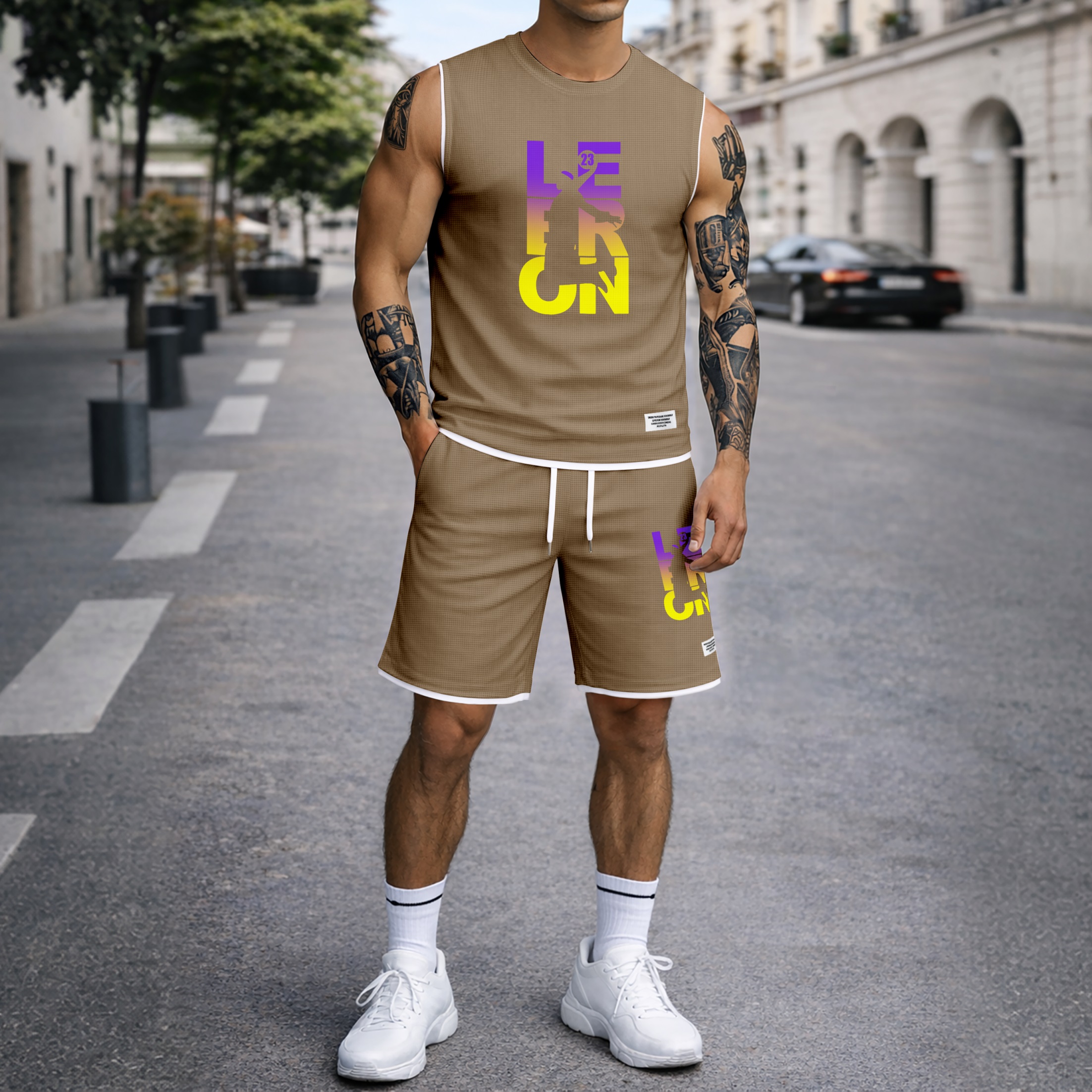 Shorts Basketball Gradient Letter Graphic estampado Summer Set Sleeveless Tank Top & Matching Outfit, Lightweight casual Streetwear Athletic Set for Everyday & Holiday para hombre