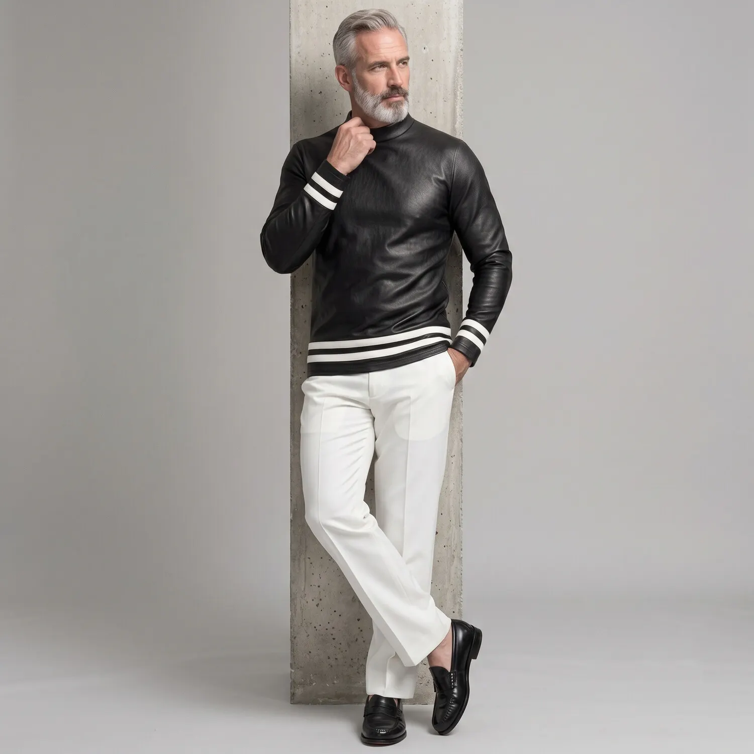 para hombre Black PU Leather Mock Neck Contrast a rayas Hem de manga larga camiseta