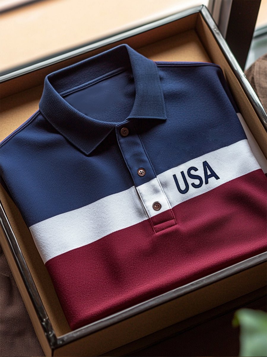 Camisa polo ejecutivo casual Independence Day a rayas Button de manga corta para hombre