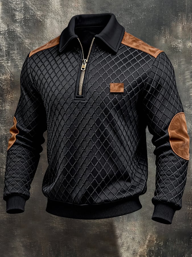 Sudadera retro jacquard texturizado Patchpara trabajo Comfortable Color-Blocked con cierre para hombre