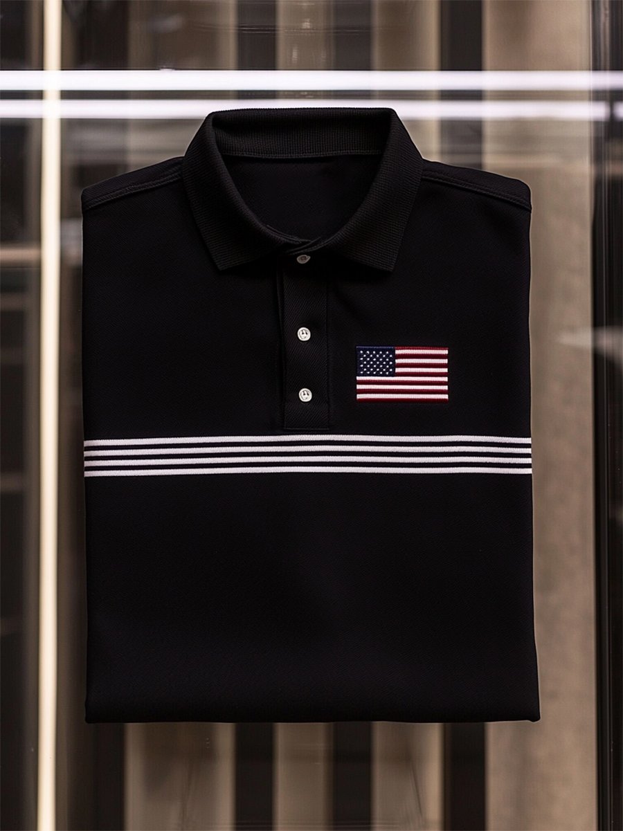 Camisa polo ejecutivo casual Independence Day a rayas Button de manga corta para hombre