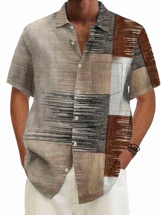 Camisa retro Geometric Texture 3D estampado Button Pocket de manga corta para hombre