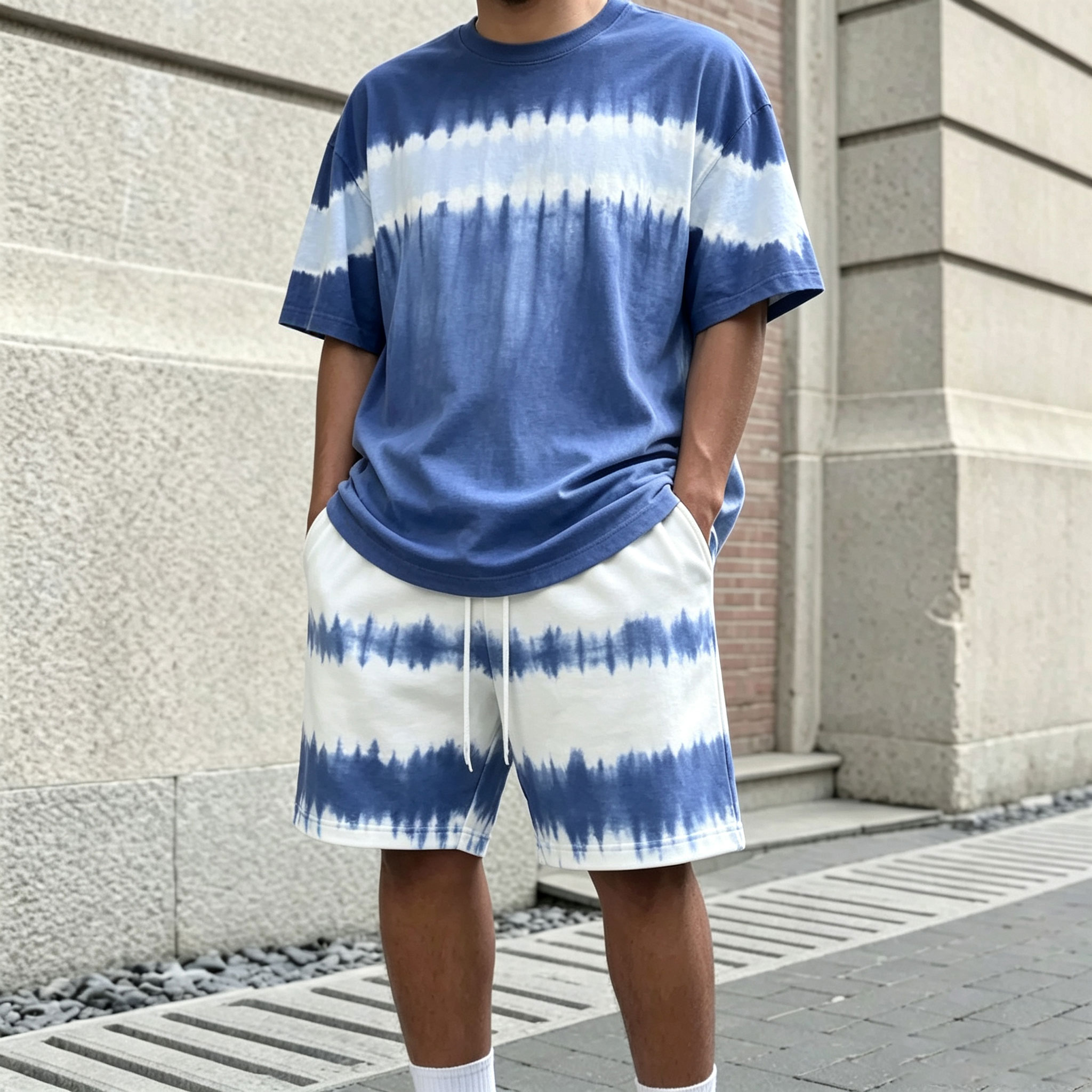 Conjunto de dos piezas casual Gradient-estampado Patchpara trabajo Round-Neck de manga corta camiseta and shorts para hombre