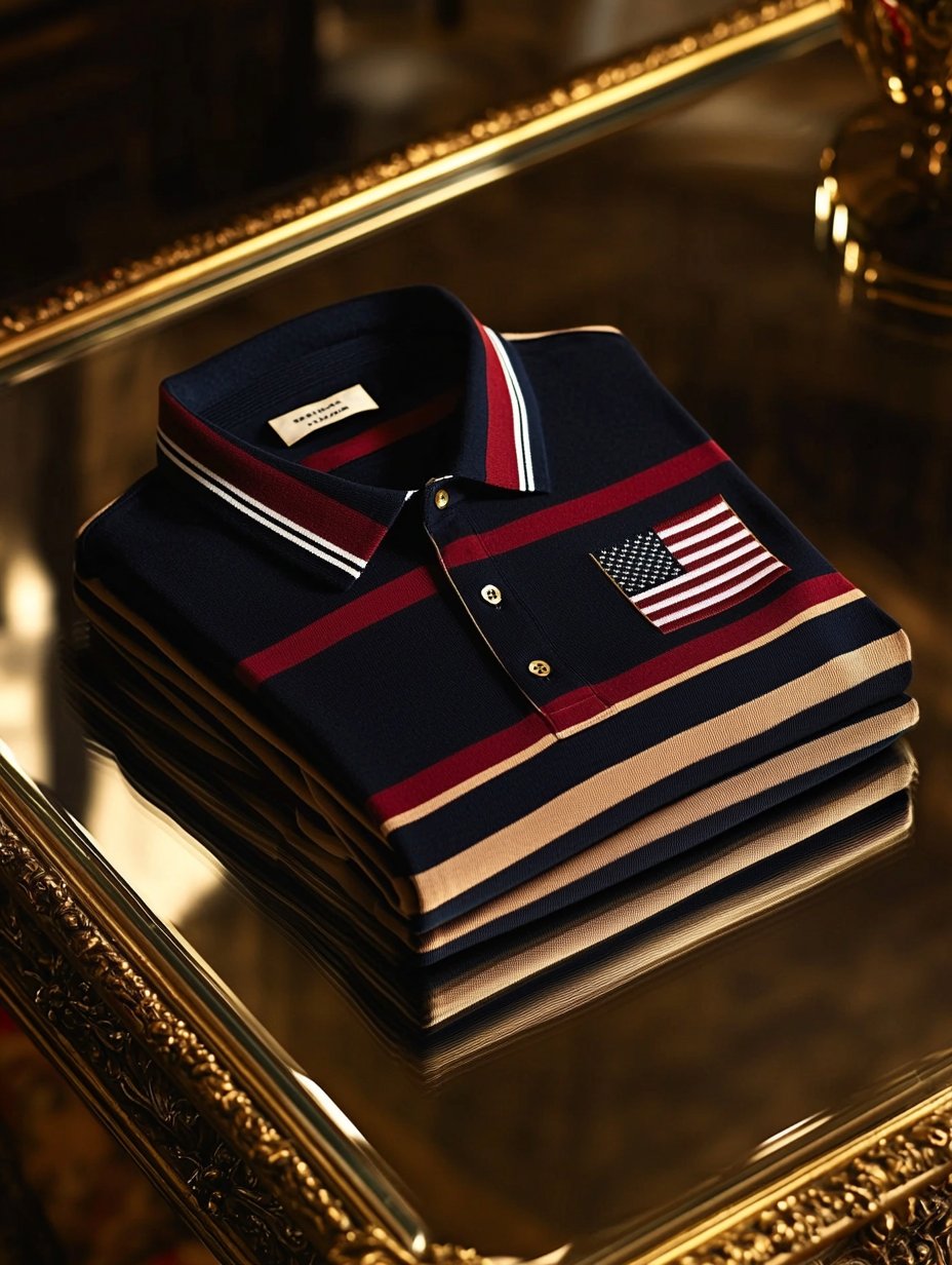 Camisa polo ejecutivo casual a rayas Independence Day Button de manga corta para hombre