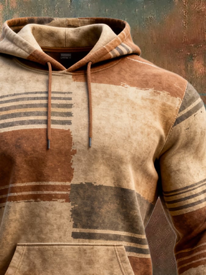 Sudadera retro desgastado en bloques de color estampado casual de manga larga para hombre