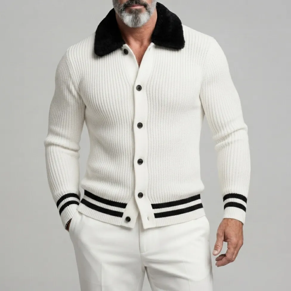 para hombre White Ribbed tejido Contrast Fuzzy Collar a rayas Trim Single Breasted Cardigan