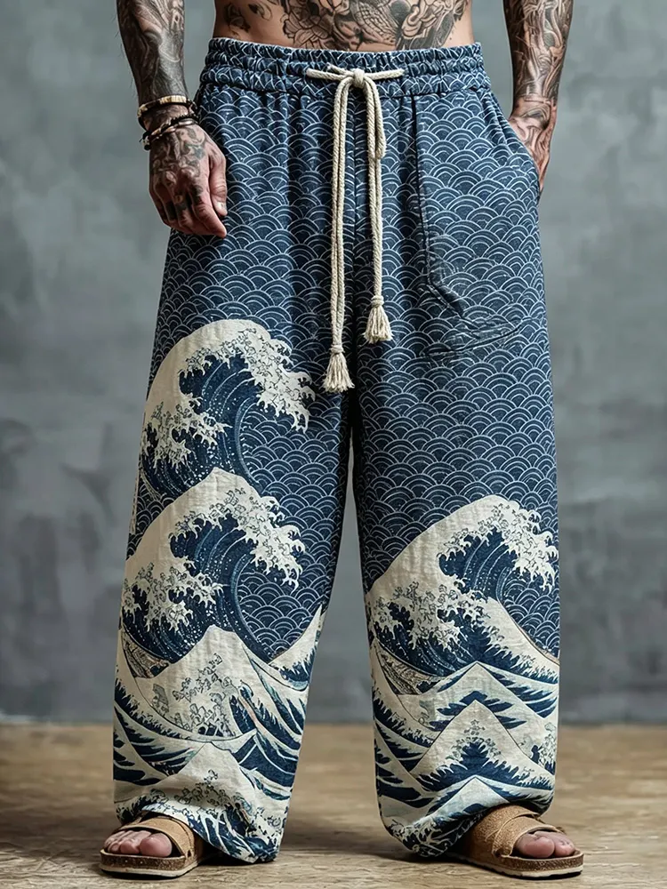Japanese Art retro Wave holgado de algodón de lino Trousers para hombre
