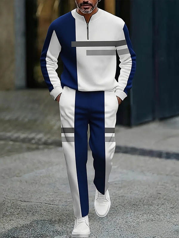 Conjunto de dos piezas casual Color Matching estampado Round-Neck Zipper de manga larga Trousers para hombre