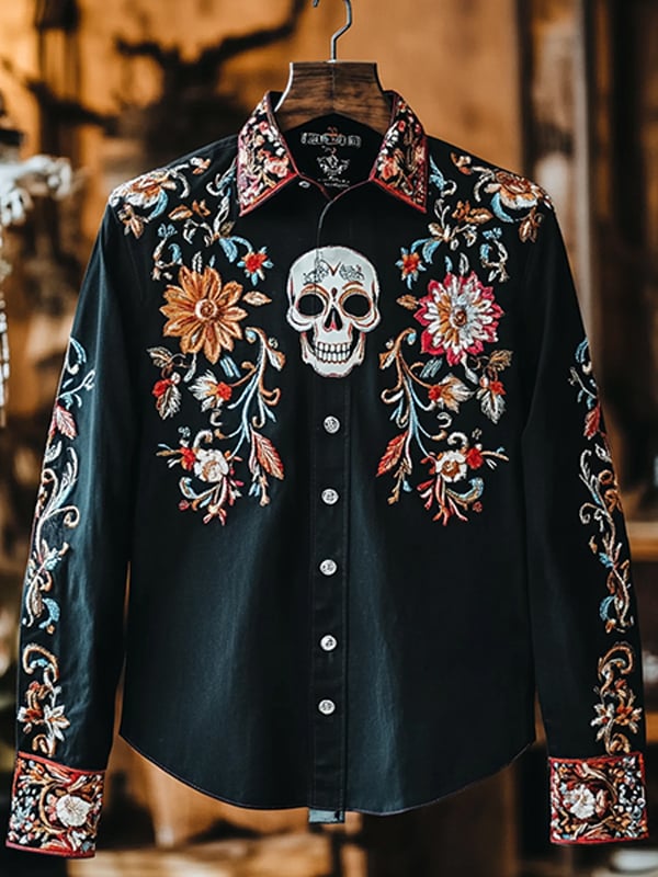 Camisa para exterior vintage Skull and floral estampado de manga larga para hombre