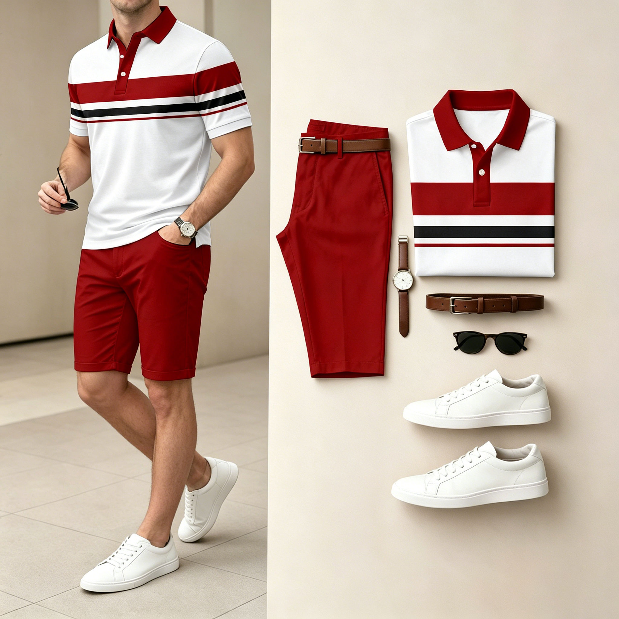 Conjunto de dos piezas casual Red and white Color Splicing rayas camisa polo & shorts para hombre