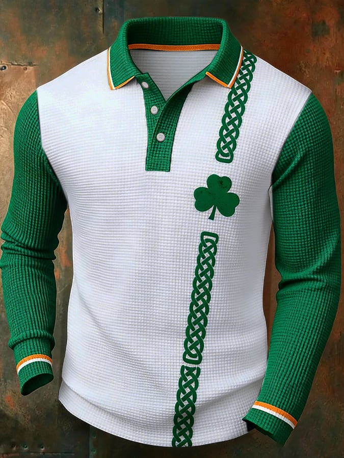 Camisa polo casual retro St. Patrick's Day tejido tipo waffle para hombre