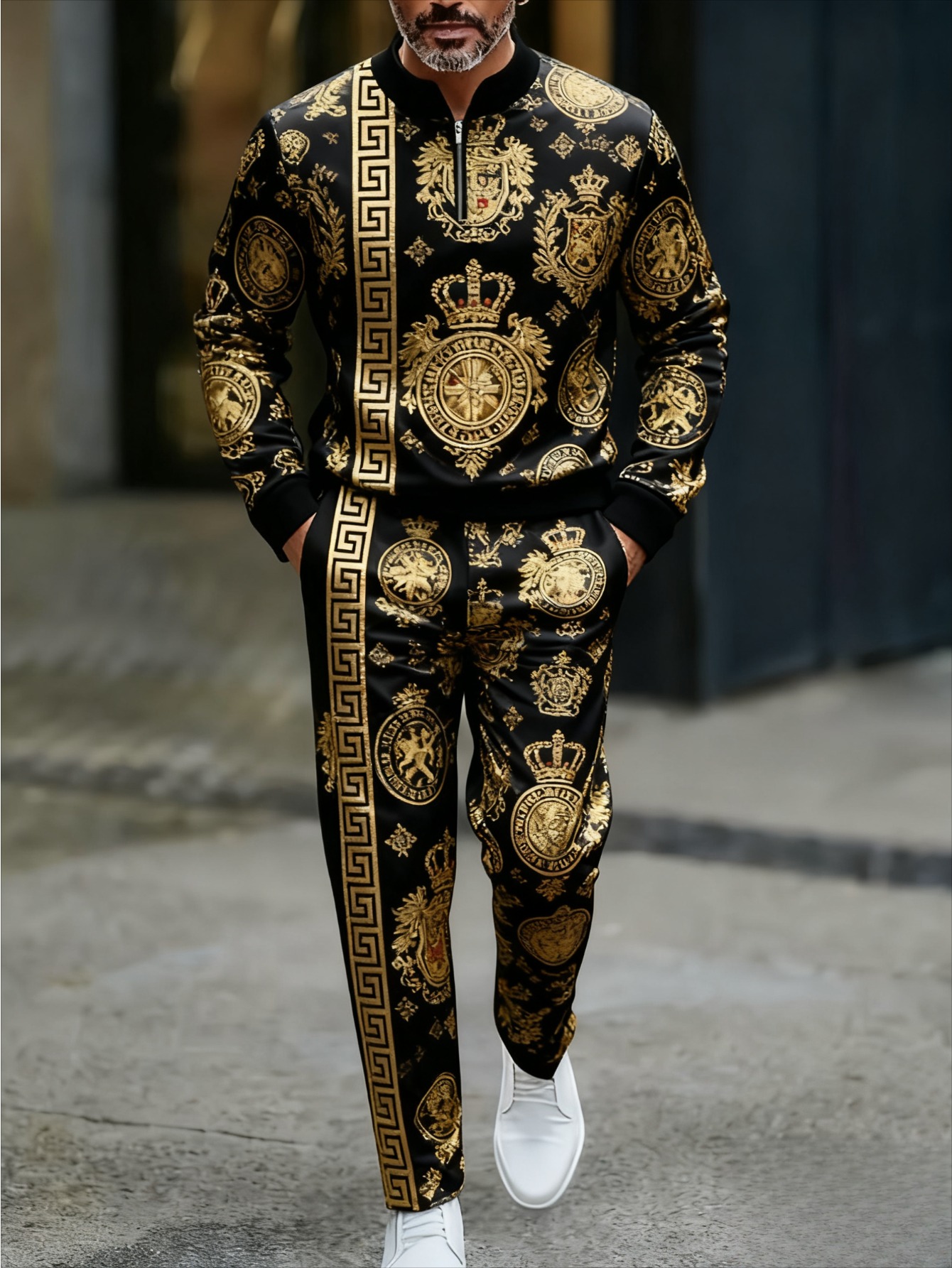 Conjunto de dos piezas casual Gold & Black Color Matching estampado Round-Neck Zipper de manga larga Trousers para hombre
