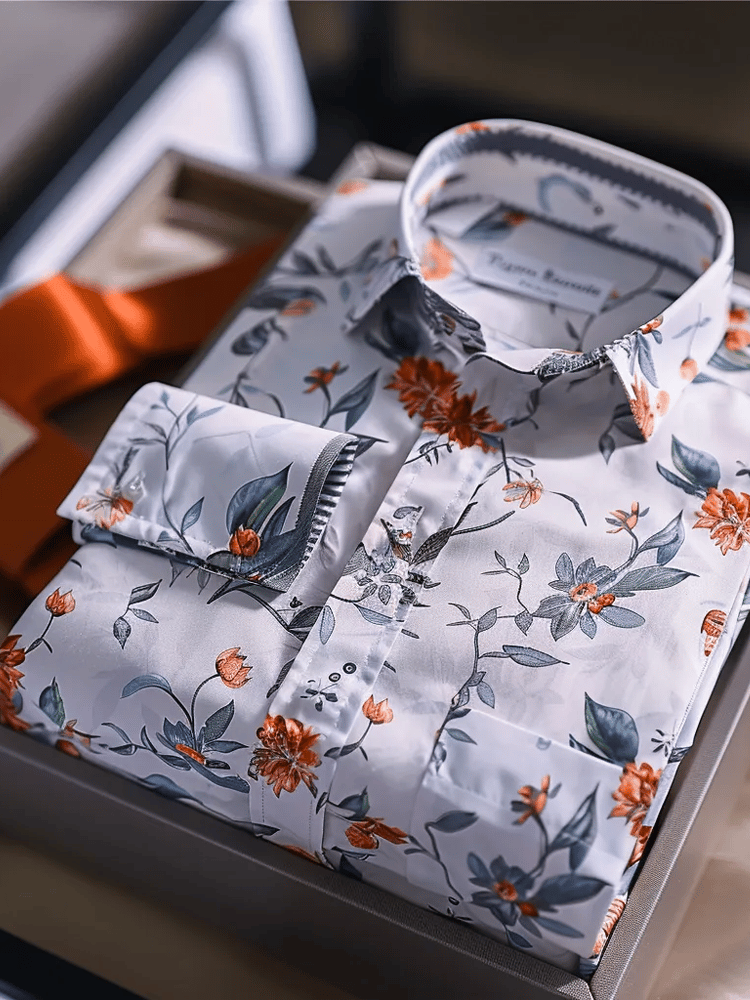 Camisa de lujo Romantic Contrast Color estampado de manga larga para hombre