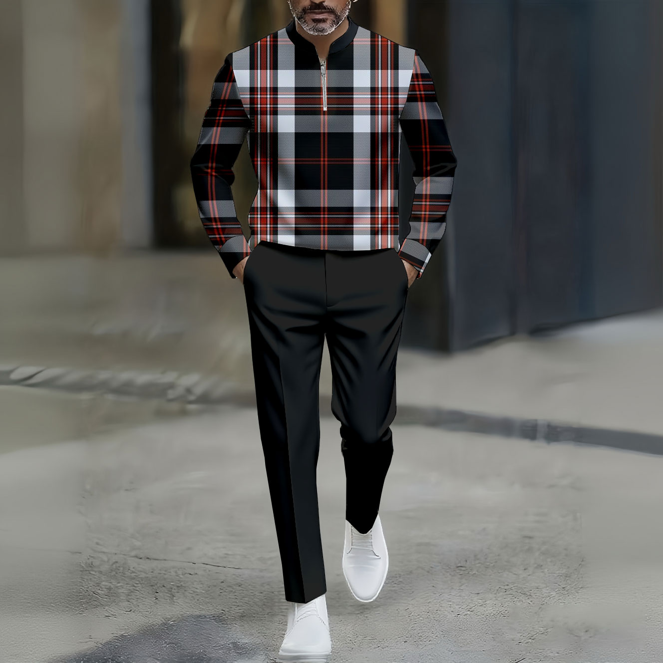 Conjunto de dos piezas casual Red&Black Color Matching Checked estampado Round-Neck Zipper de manga larga Trousers para hombre