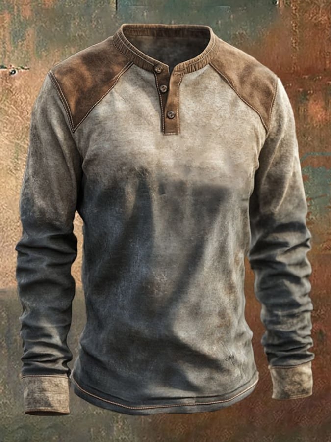 Camisa casual vintage desgastado estampado de manga larga Henley para hombre