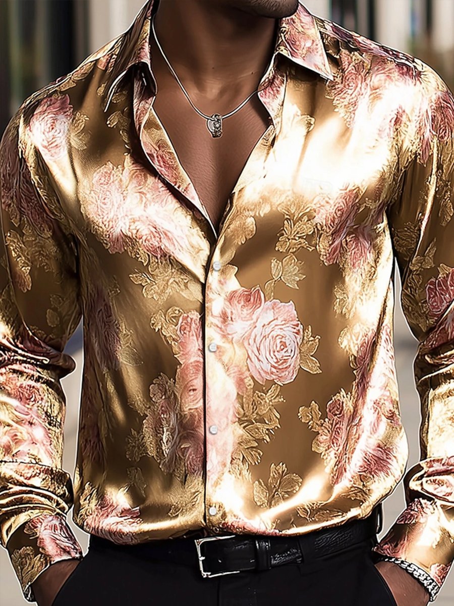 Camisa de lujo estampado Rose de manga larga para hombre