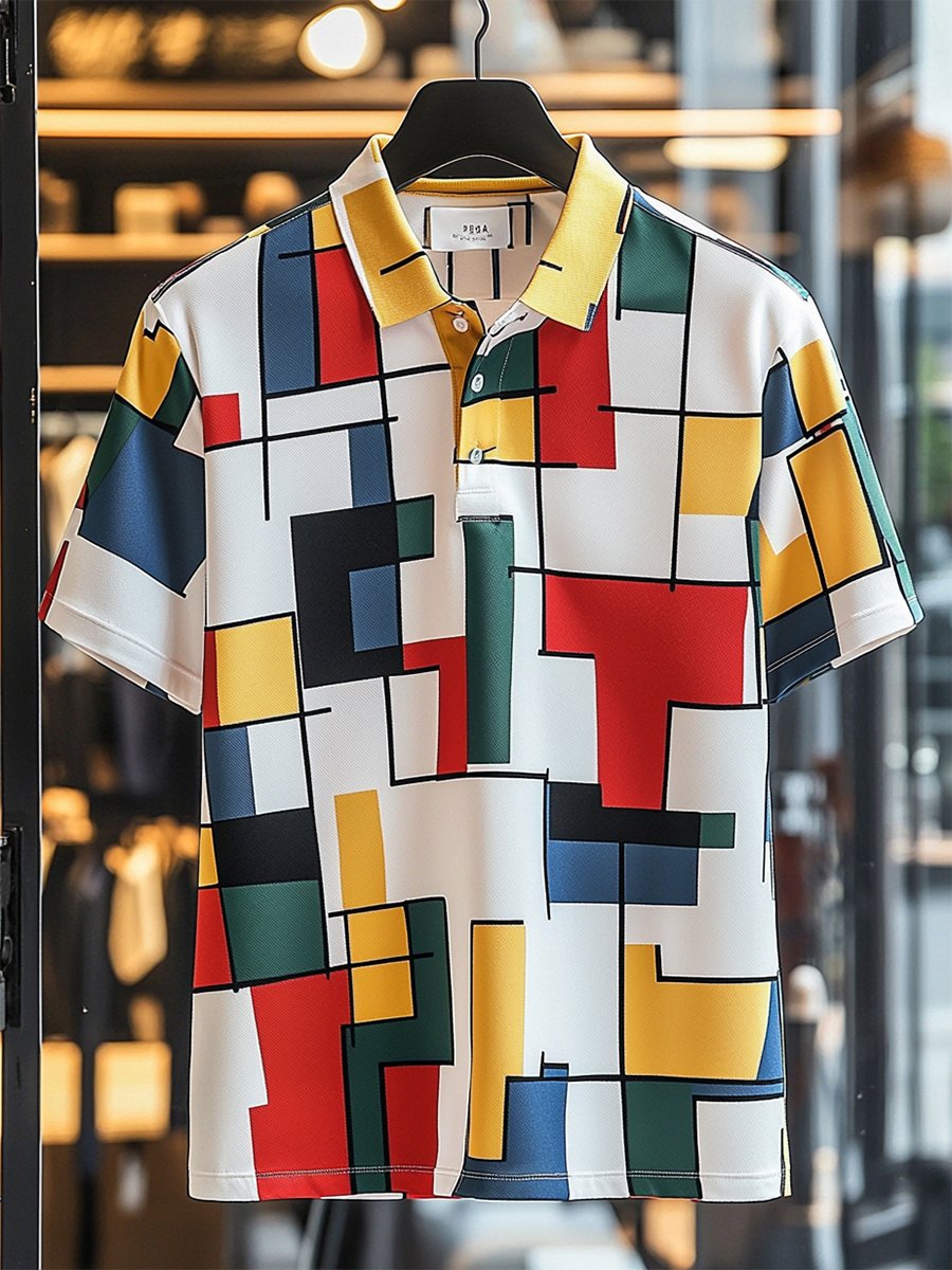 Camisa polo vintage casual Bauhaus Geometric Art Button de manga corta para hombre