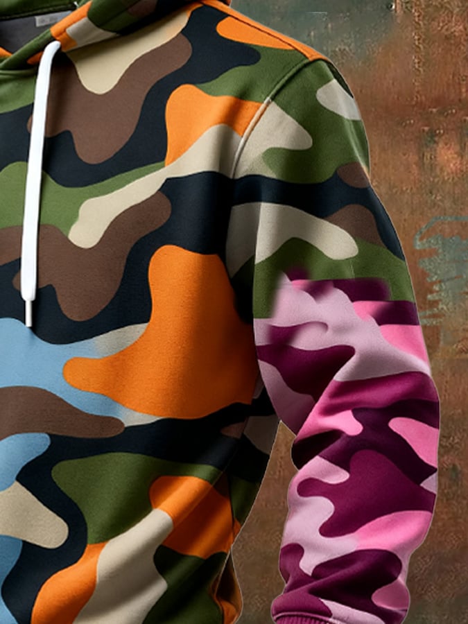 Sudadera retro desgastado en bloques de color camuflaje estampado casual de manga larga para hombre