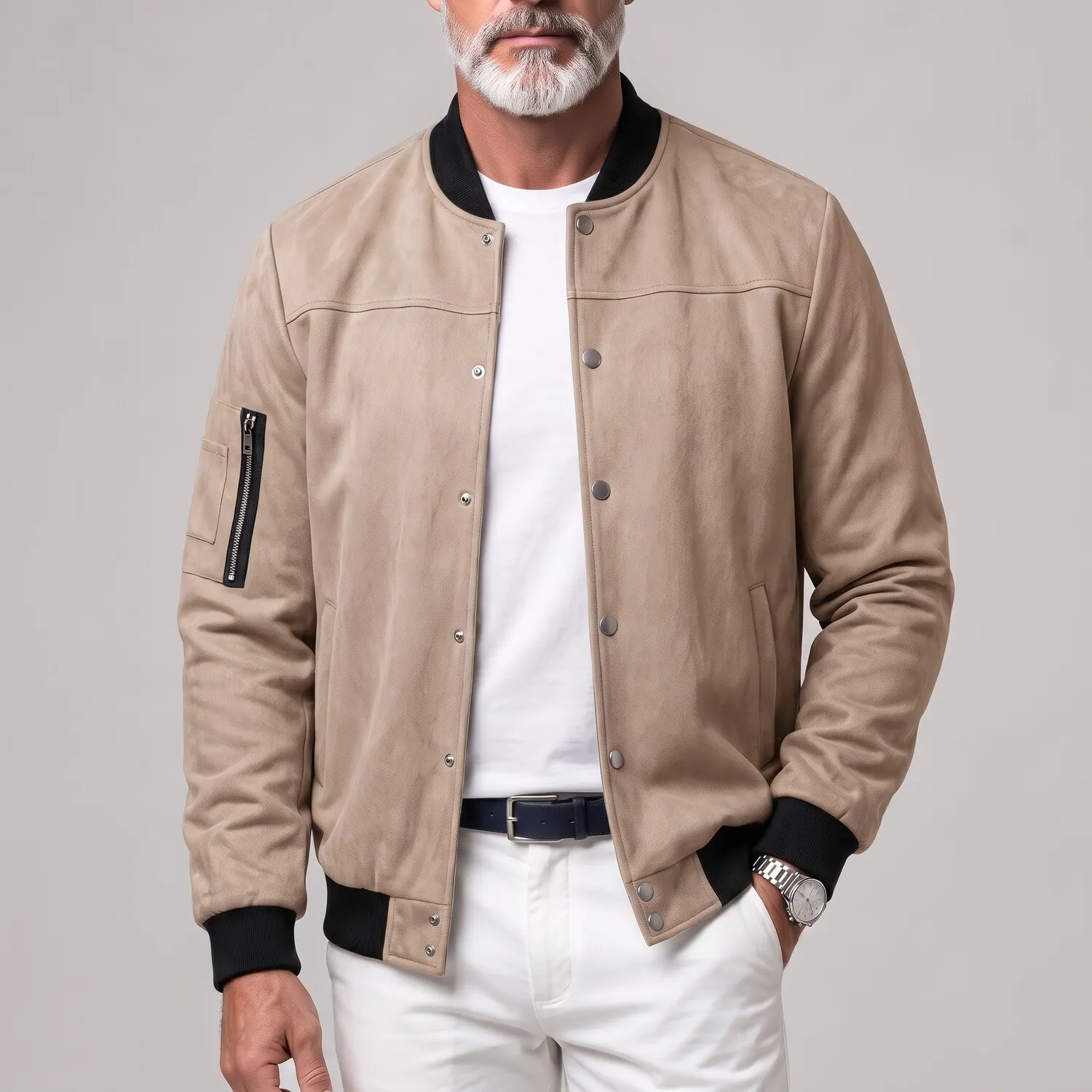 para hombre Suede Stand Collar Zipper Pocket Snap Button casual Bomber chaqueta