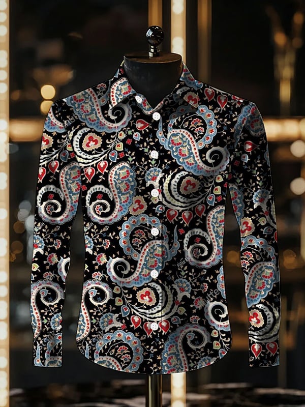 Camisa satén de lujo Ethnic Paisley de manga larga para hombre