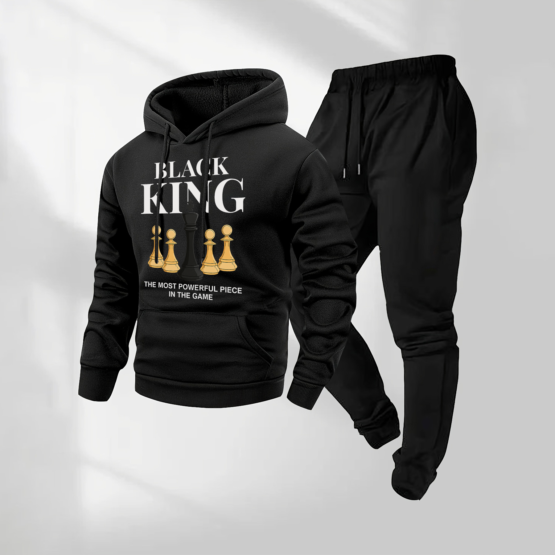 Sudadera con capucha Black King Letter Pattern estampado and Drawstring Sweatpantalón Set, Menswear, casual Athletic de manga larga Hooded chaqueta & Trousers for Fall & Winter, Clothing for para uso diario Wear, Sportswear Indoor para exterior, Tracksuit, Athleisure para hombre