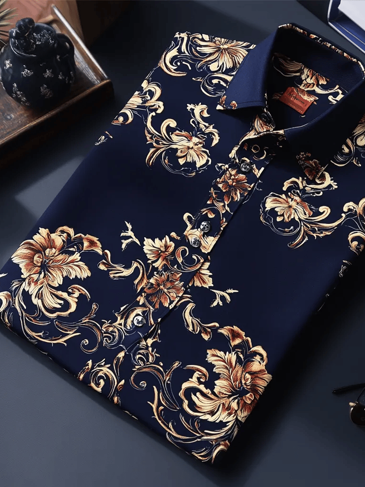 Camisa de lujo Romantic Contrast Color estampado de manga larga para hombre