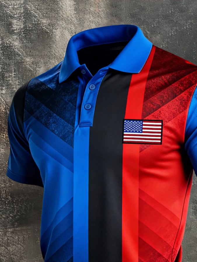 Retro Patriot en bloques de color Polo Collar de manga corta para hombre