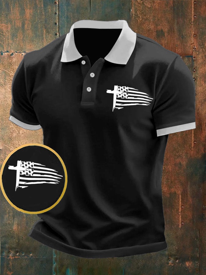 Camisa polo Cross American Flag estampado casual para hombre