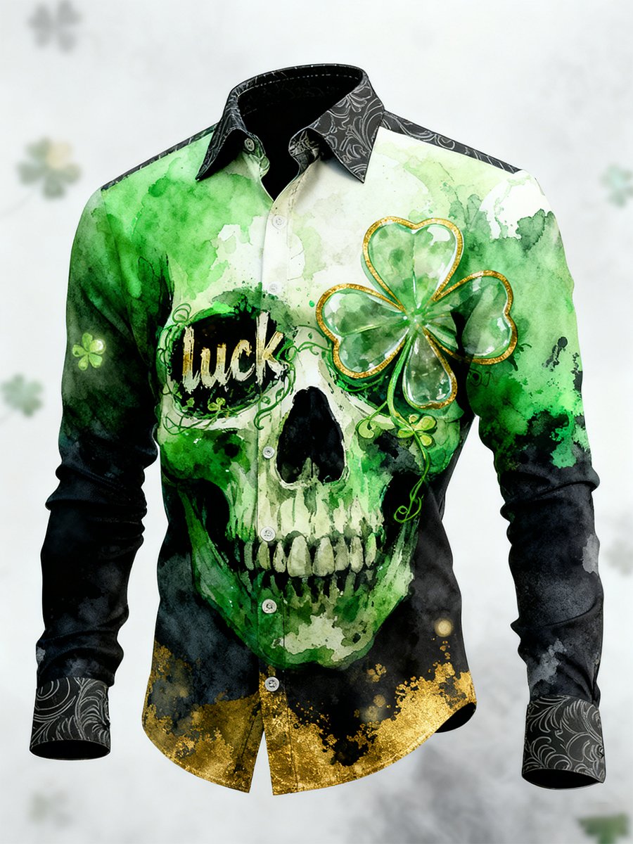 Camisa retro St. Patrick's Day Skull de manga larga para hombre