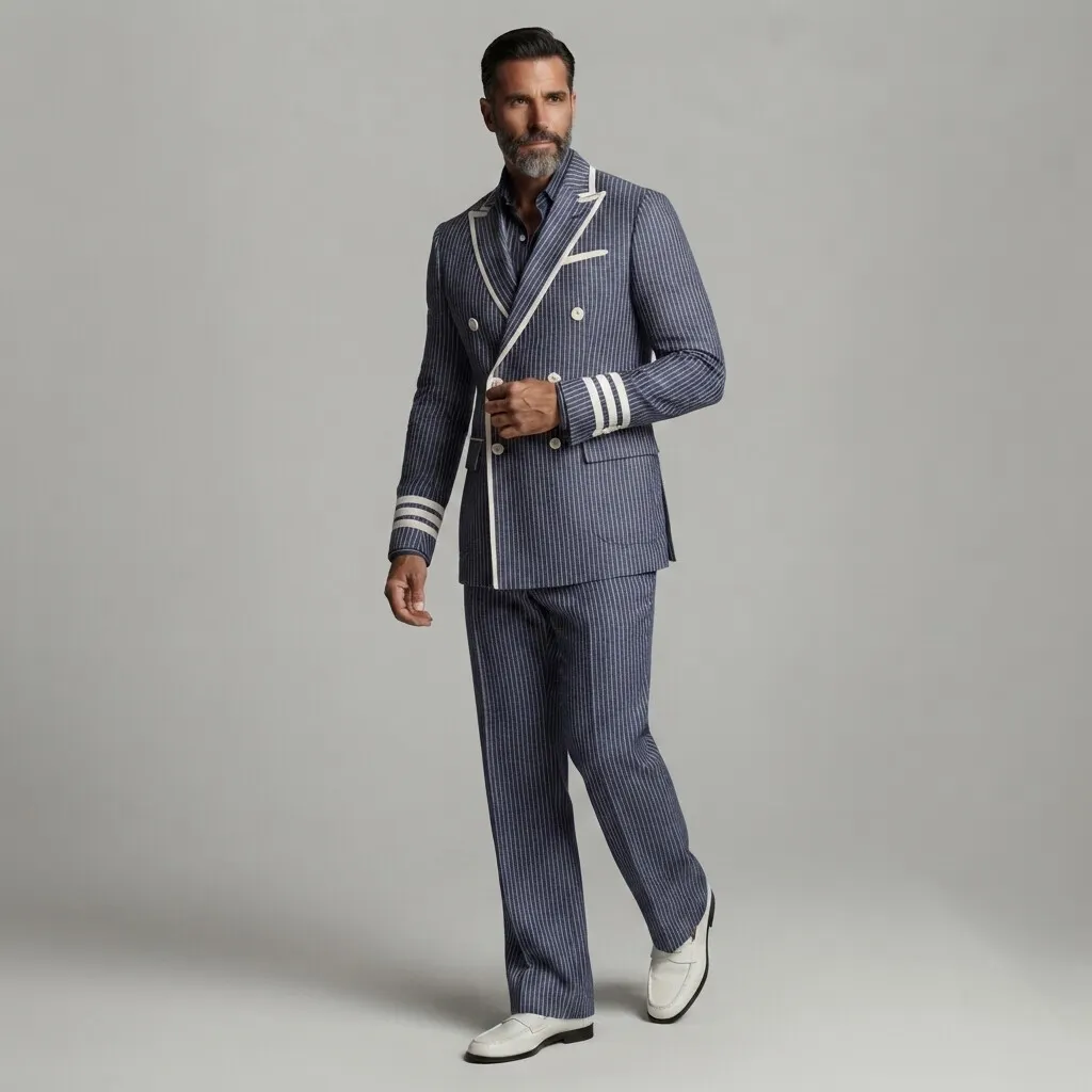 Saco formal Navy Blue Pinrayas estampado Contrast Piping Peak Lapel Double-Breasted & pantalón 2Pcs Suit para hombre