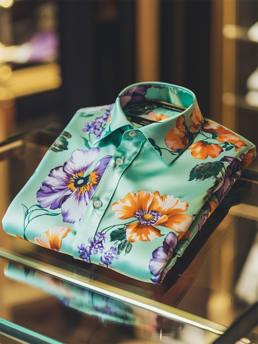 Camisa satén Luxe hawaiano estampado de manga corta Button para hombre